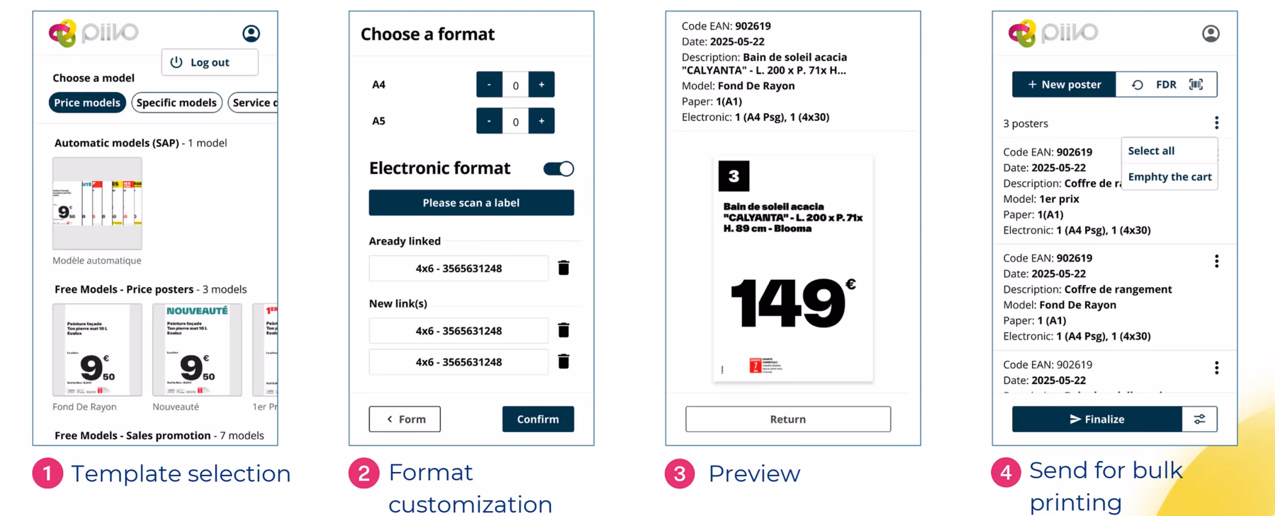 Four mobile app screens for creating and printing a price sign from the shop floor