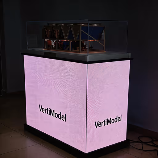 Integrated exhibition display system combining physical scale model and programmable LED LCD hardware.