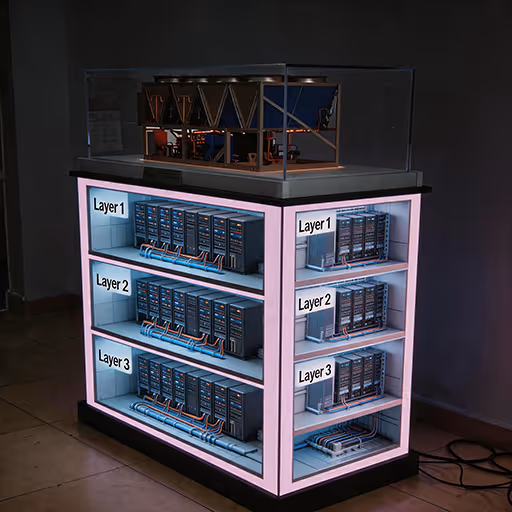 Inegrated custom 3D animation content designed for multi-sided digital twin exhibition display with physical model.