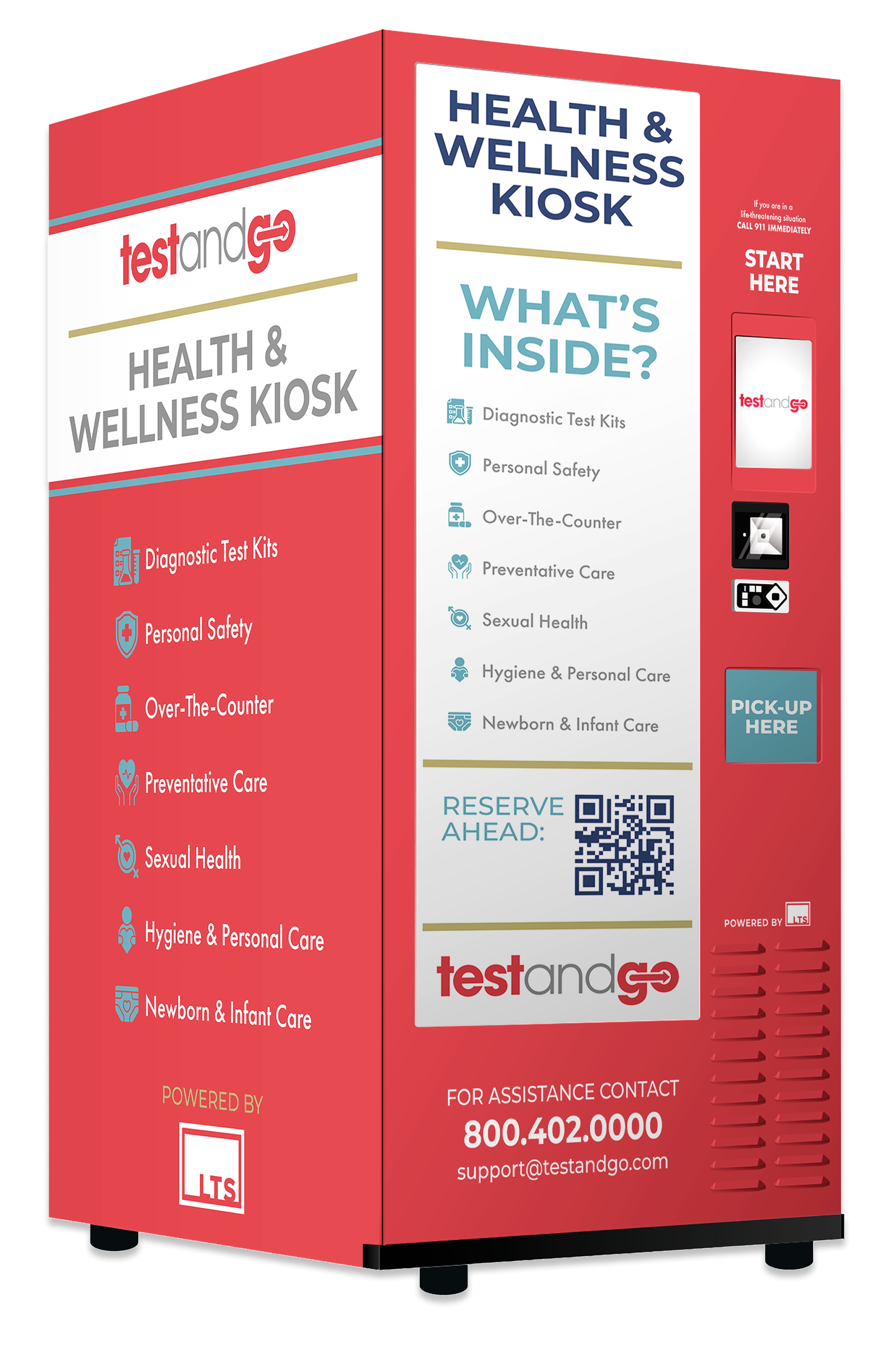 Red health and wellness kiosk by testandgo offering diagnostic test kits, personal safety, over-the-counter products, preventative care, sexual health, hygiene, and newborn care.