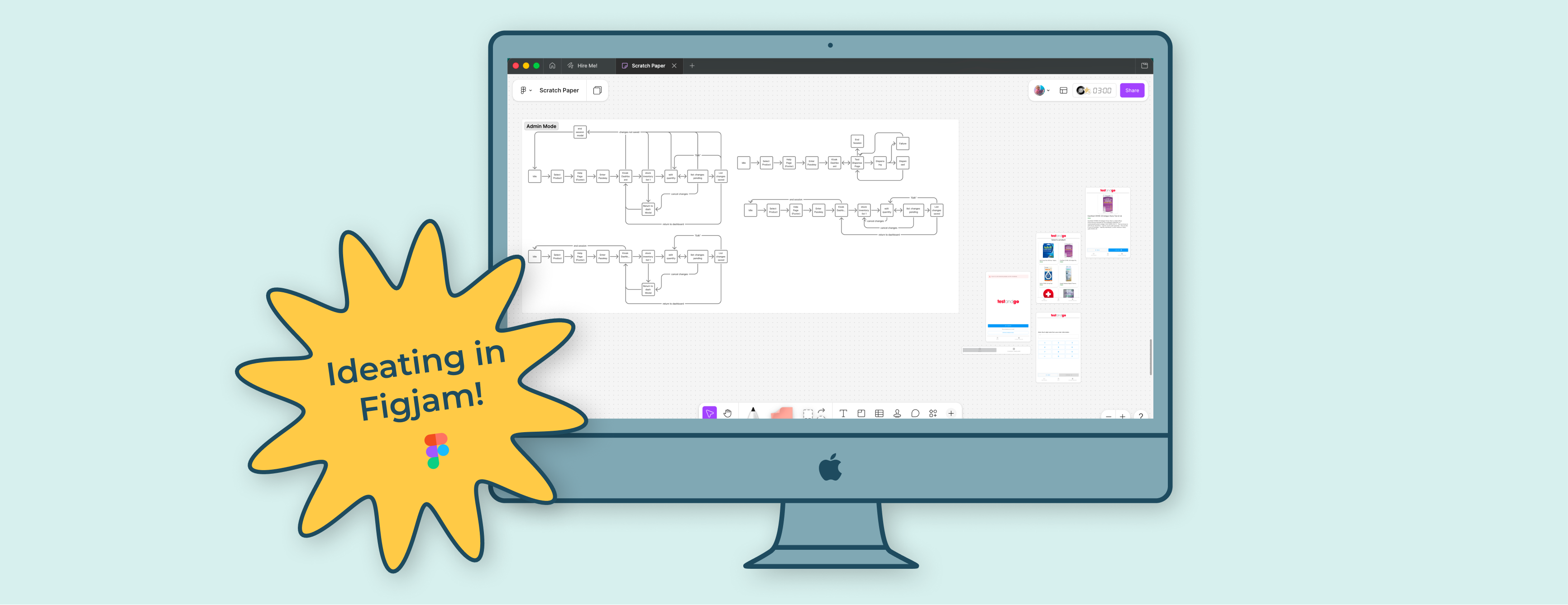 Computer screen showing a flowchart ideation in Figma's Figjam tool with a yellow starburst label.