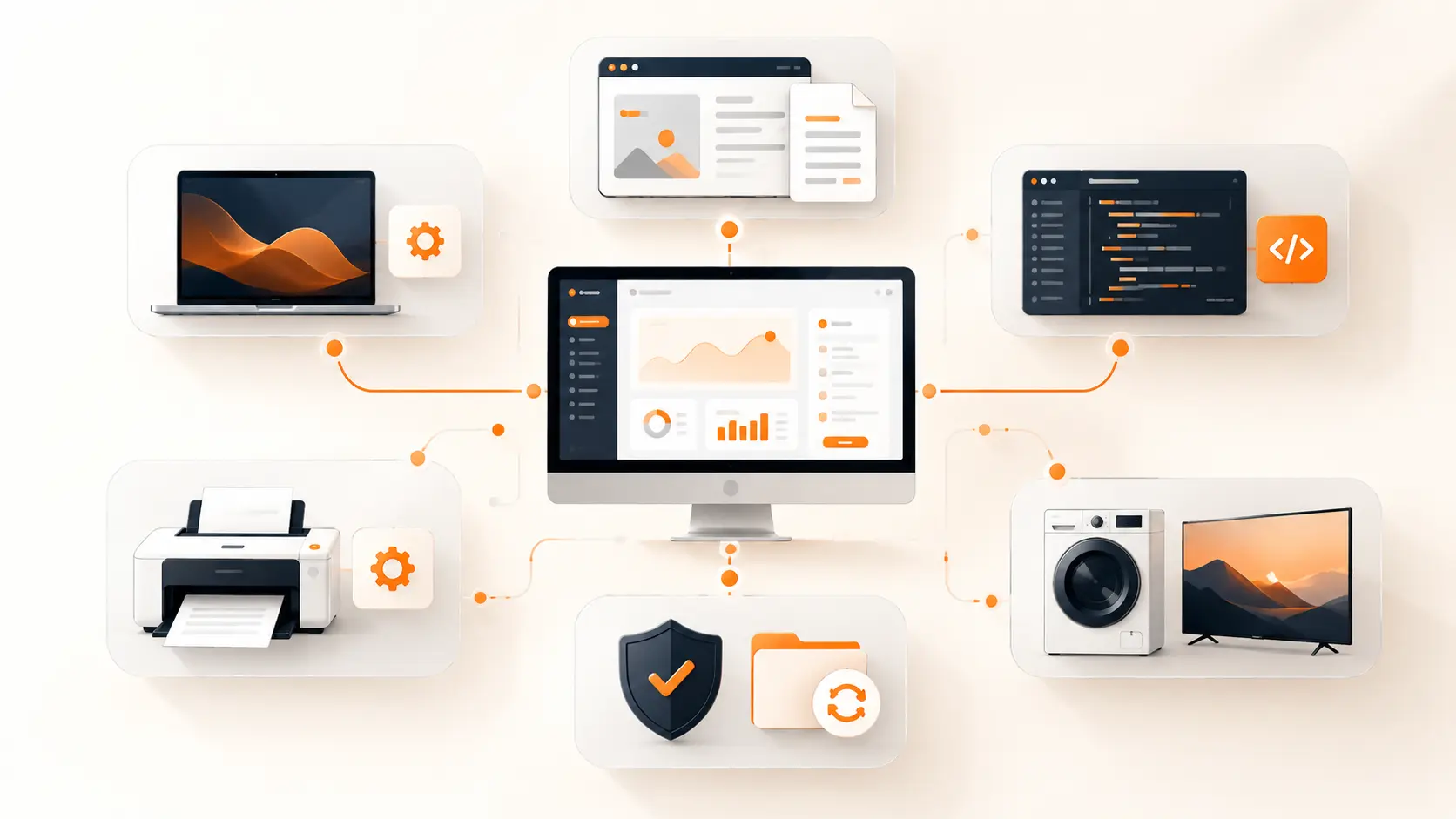 Visual guide showing six main types of software connected to a computer: system, application, programming, driver, utility, and embedded software.
