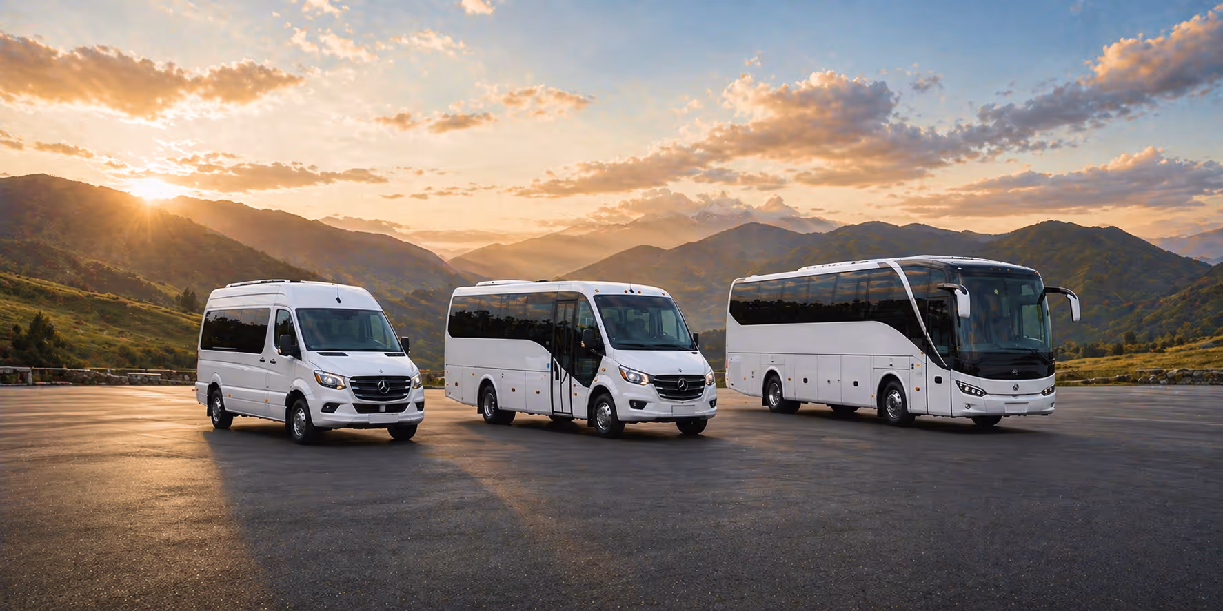 Tres autobuses blancos Mercedes-Benz estacionados frente a montañas al atardecer.