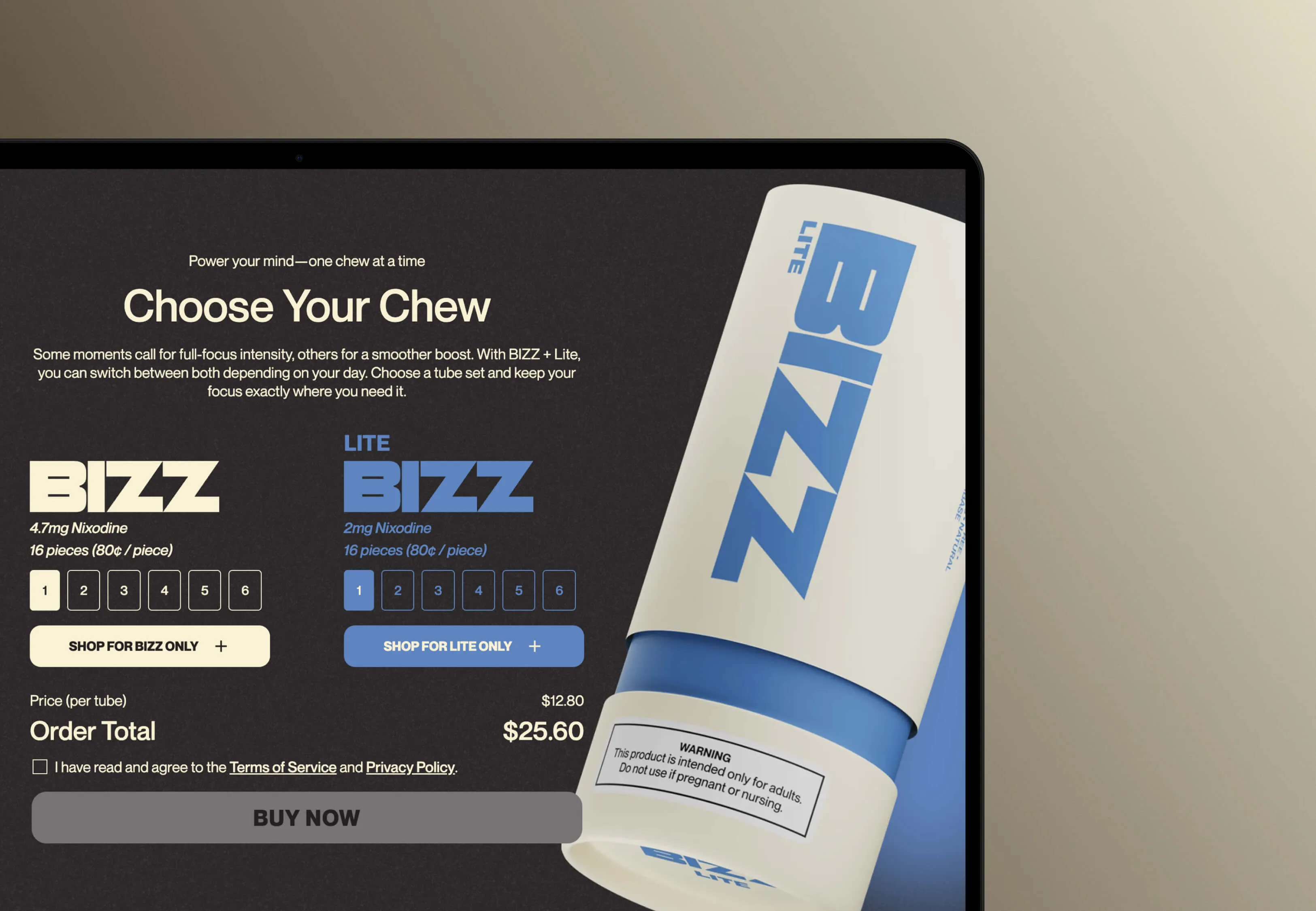 Product page for BIZZ and BIZZ Lite chewing tubes with pricing, options, and a large tube image on right.