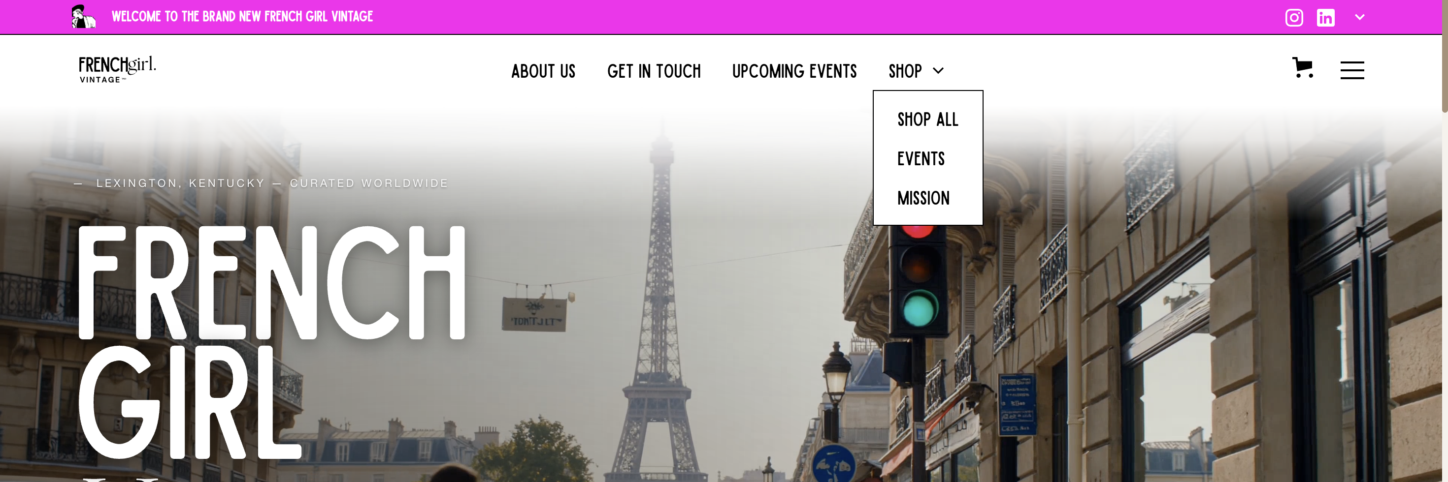 French Girl Vintage dropdown navigation menu showing top-level categories