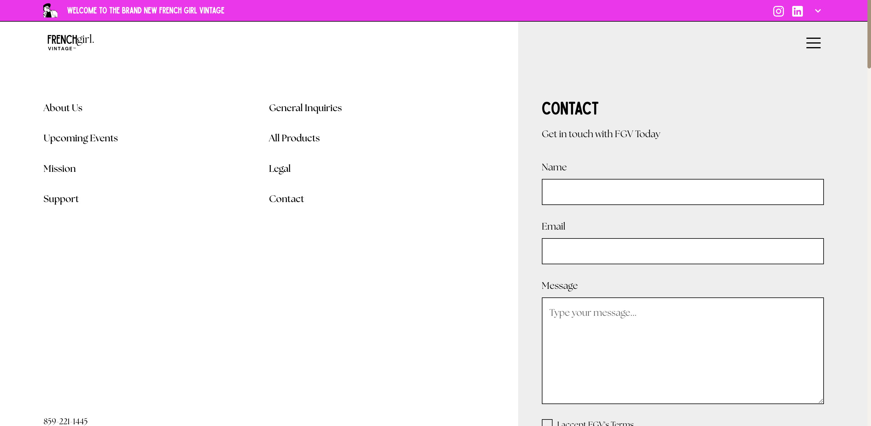 French Girl Vintage mega menu accessible via the hamburger icon