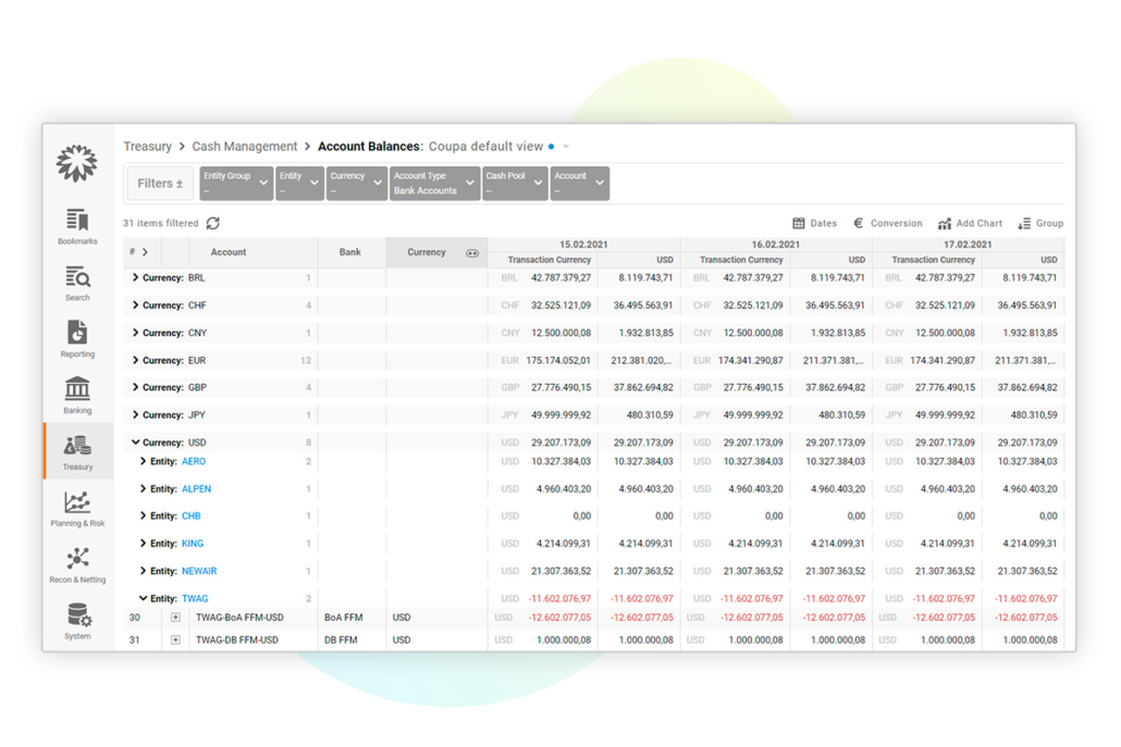 Coupa Treasury Management Screenshot