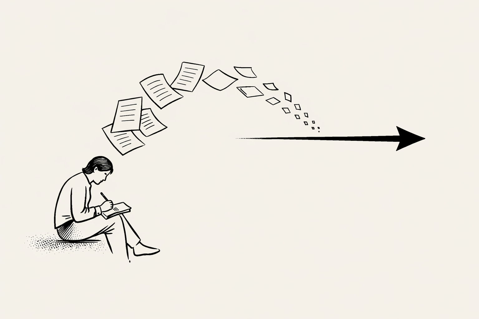 Line illustration of a seated person writing in a notebook, with pages flowing upward and transforming into an arrow pointing forward.
