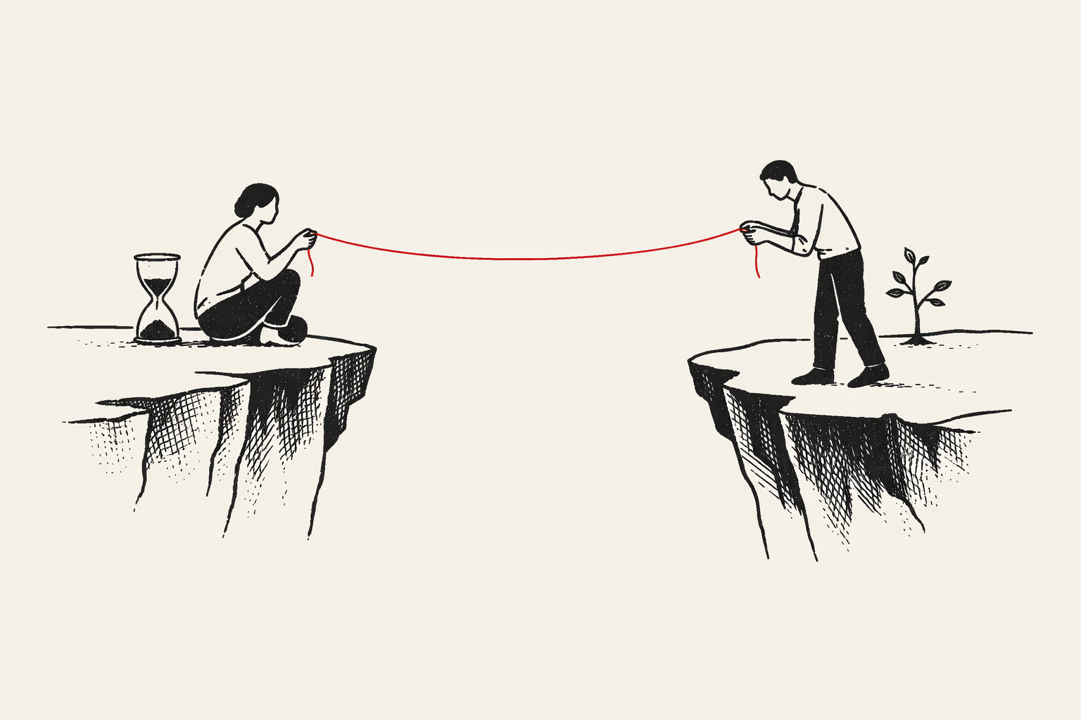 Minimal illustration of two people standing on separate cliffs, holding a red string stretched between them, symbolizing connection across distance.