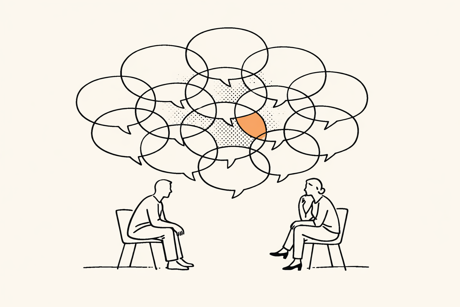 Line illustration of two seated people facing each other beneath overlapping speech bubbles, with one highlighted shape among many conversations.