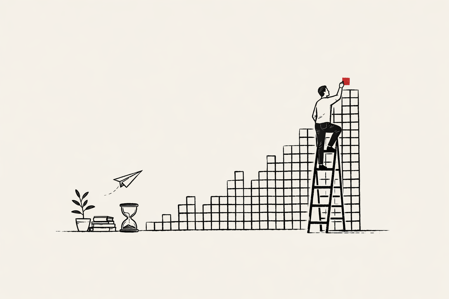 Line drawing of a person standing on a ladder placing a block at the top of a rising staircase of square blocks, with a paper airplane and hourglass nearby.