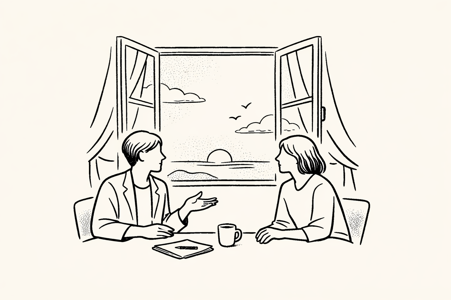 Line illustration of two people seated at a table talking, with an open window behind them showing a sunset over water.