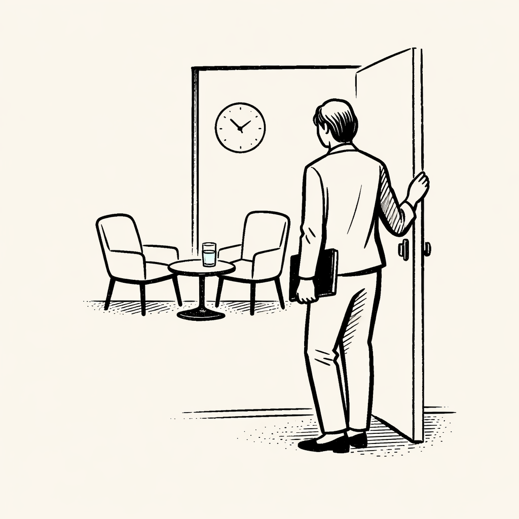 Line drawing of a person opening a door into a small meeting room with two chairs and a table, holding a notebook.