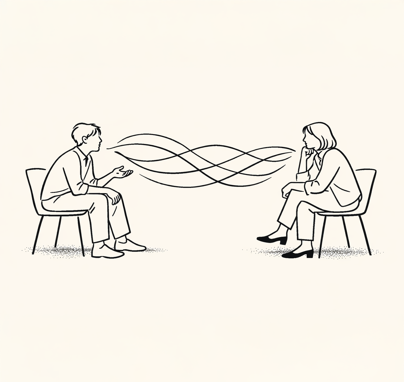 Minimal illustration of two people seated facing each other, with flowing lines between them representing an ongoing conversation.