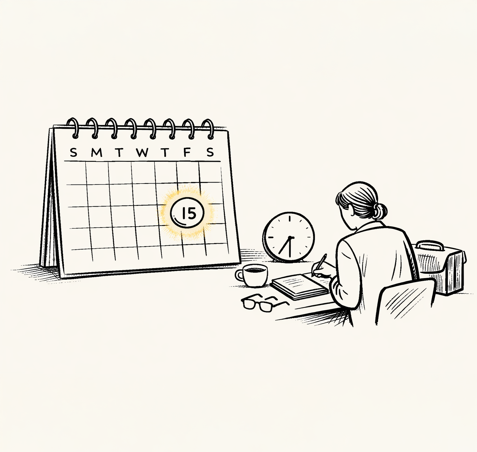 Line illustration of a person writing in a notebook at a desk beside a clock and coffee cup, with a large calendar showing the 15th highlighted.