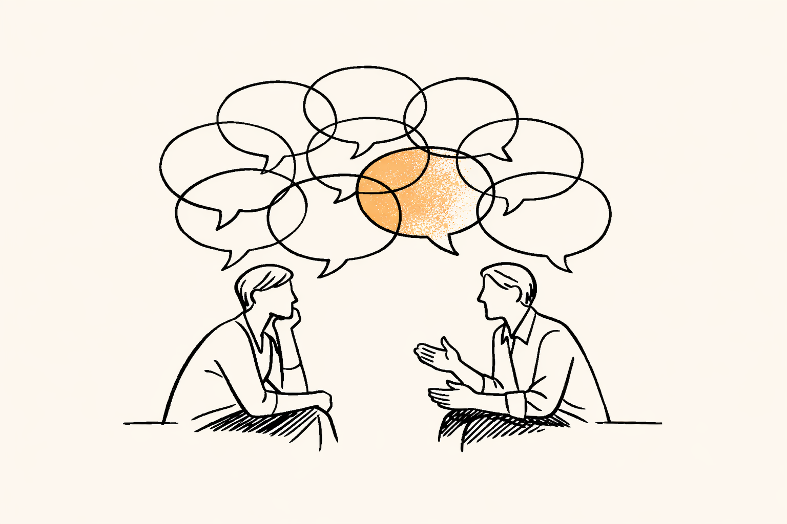 Line illustration of two people seated at a table talking, with an open window behind them showing a sunset over water.