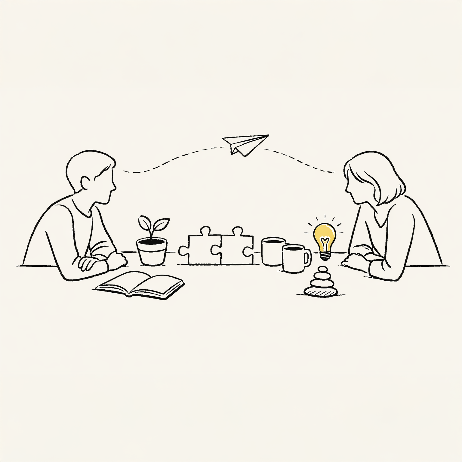 Two people in conversation with puzzle pieces and a lightbulb between them, symbolizing shared understanding