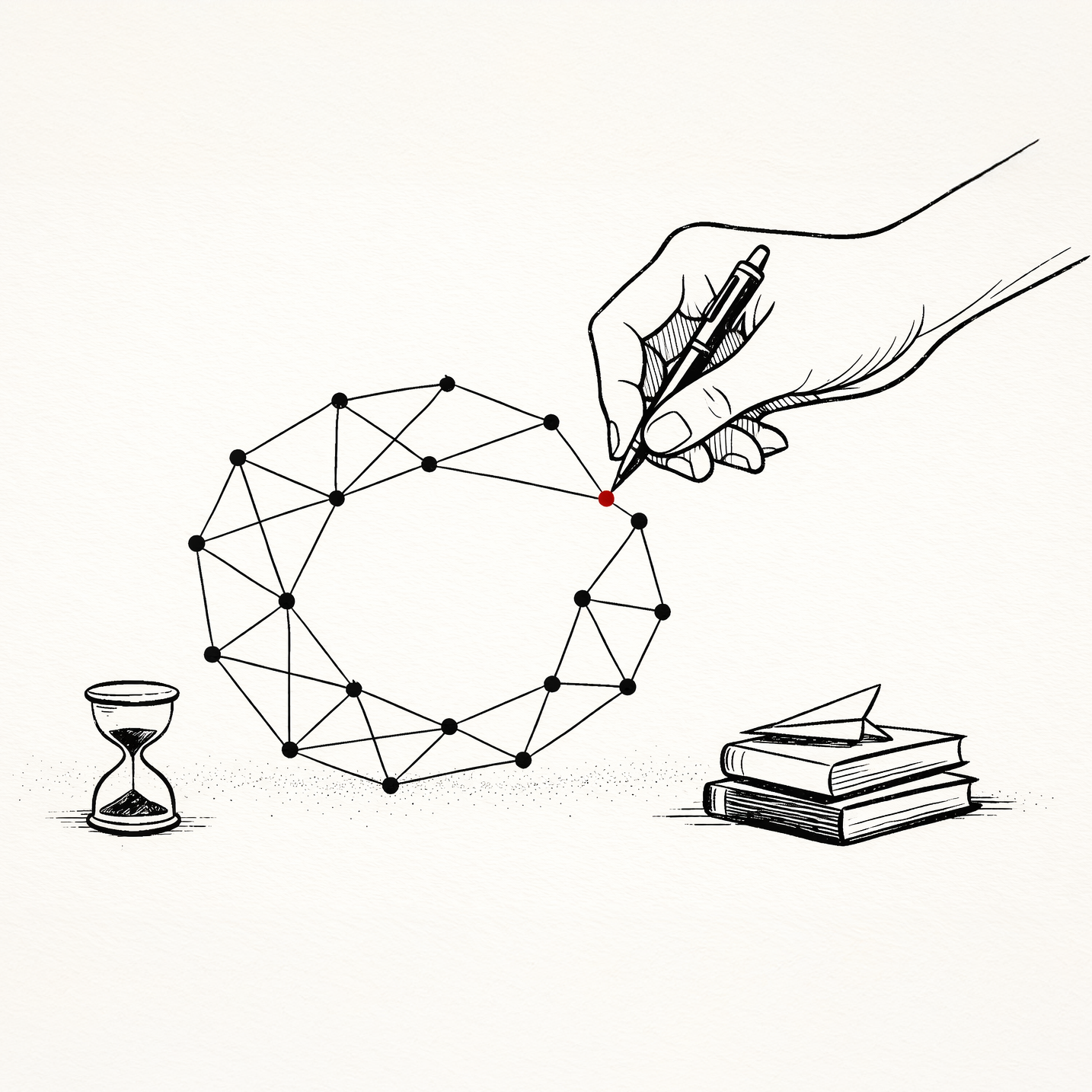 Hand drawing a connection in a network of nodes, representing building patterns and insights
