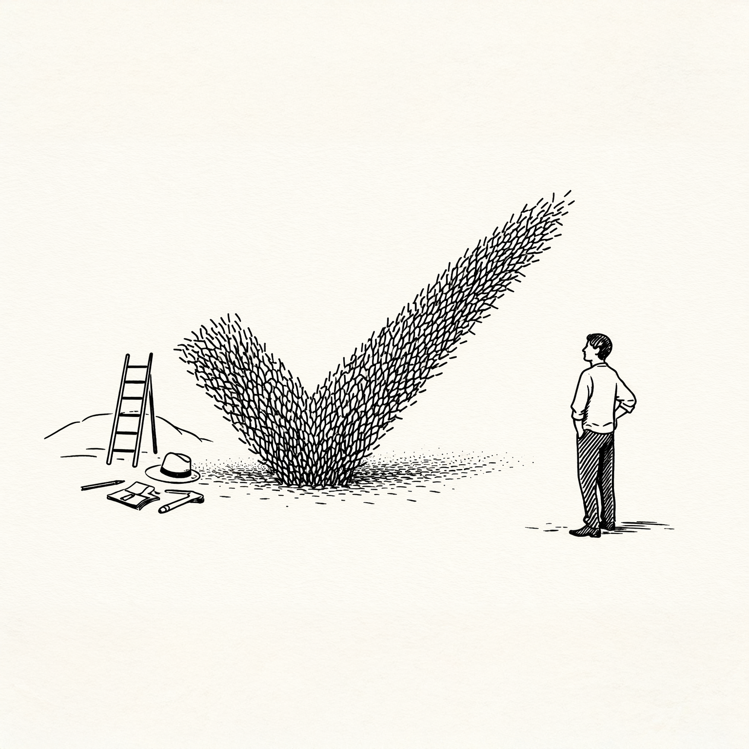Large checkmark formed from many small strokes, symbolizing clarity emerging from effort