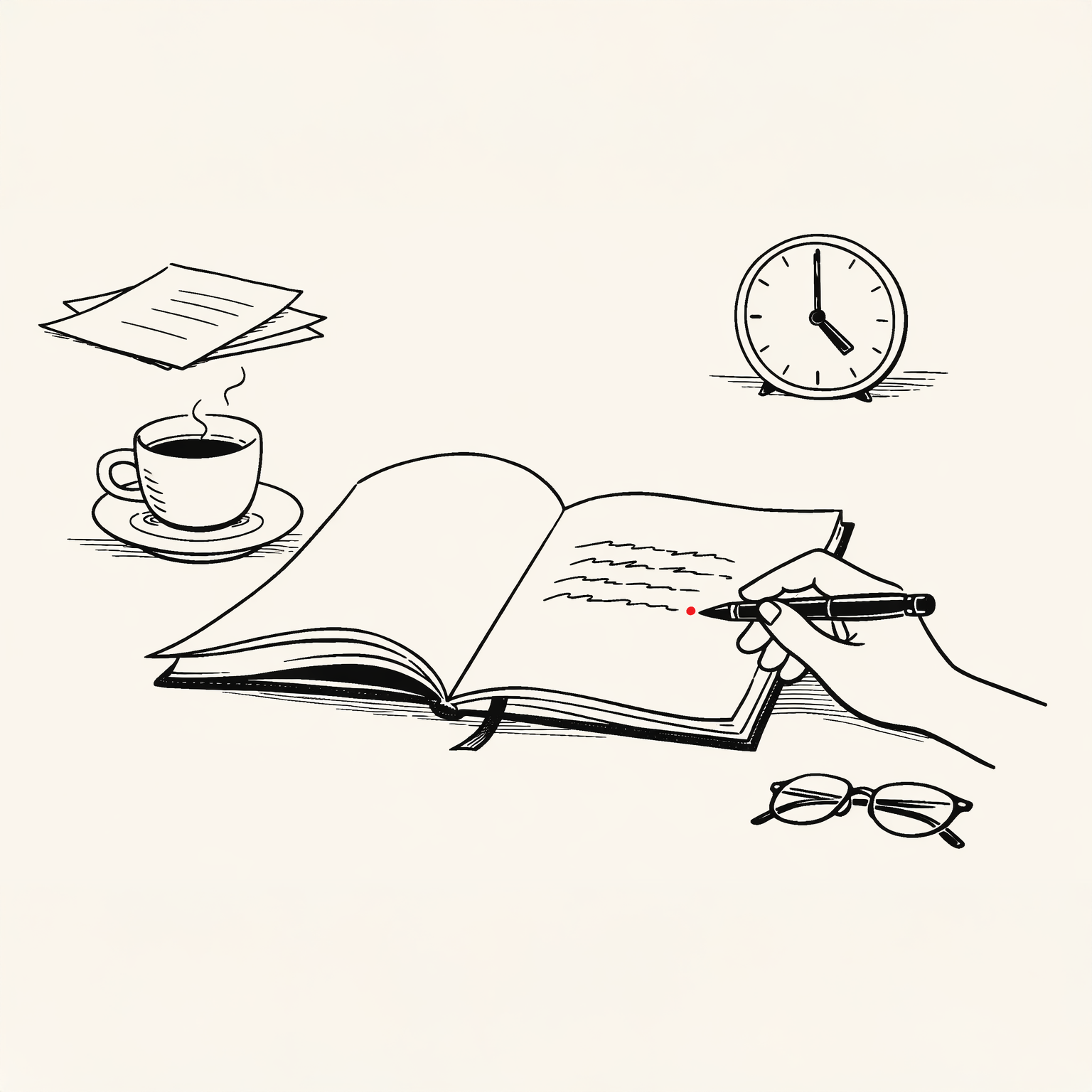 Open notebook with a hand writing notes beside a coffee and clock, representing preparation before a meeting