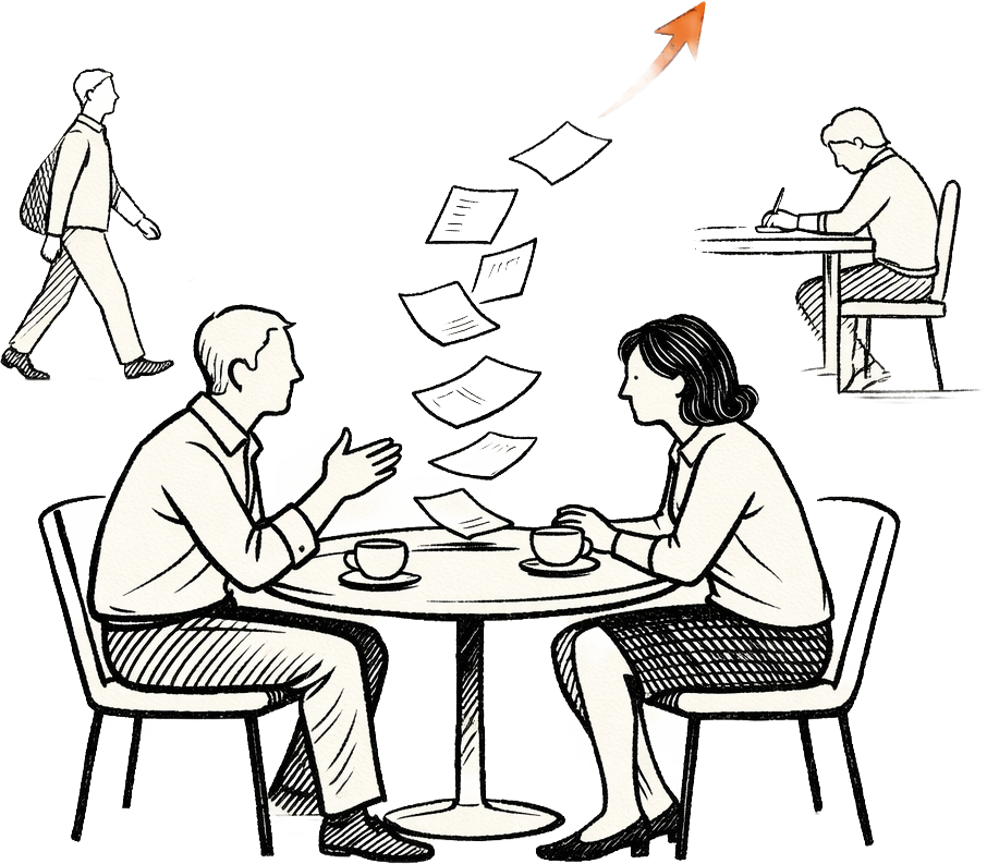 Black line illustration of two people having a one-on-one conversation at a table, with floating pages arcing upward toward an arrow, and smaller scenes of preparation and note-taking in the background.