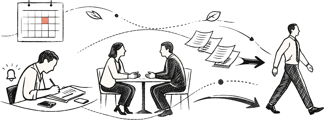 Illustration of a workflow from note-taking to conversation to forward movement, representing a continuous reflection process