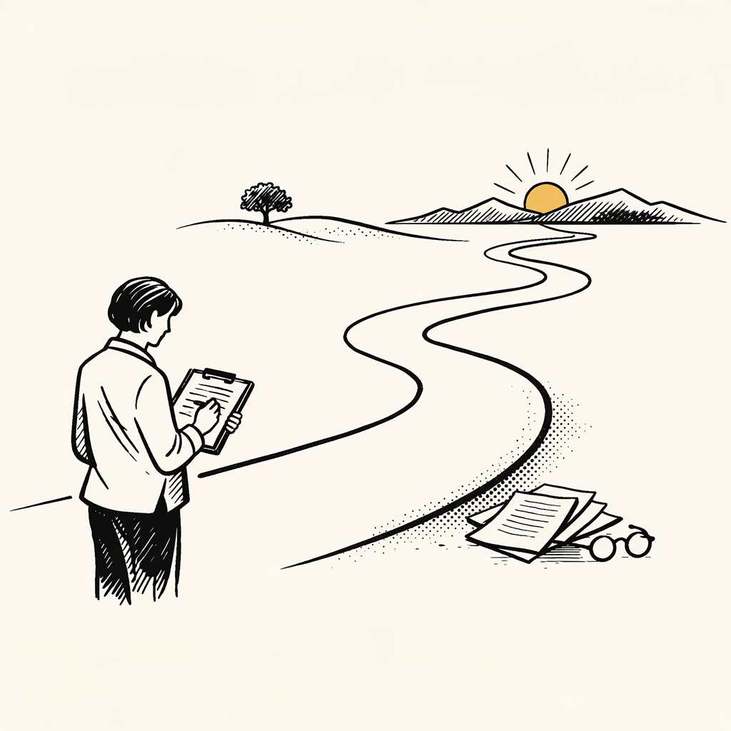Line illustration of two people standing side by side, one resting a hand on the other’s shoulder, looking toward stepping stones leading into the distance, with a signpost and compass nearby.