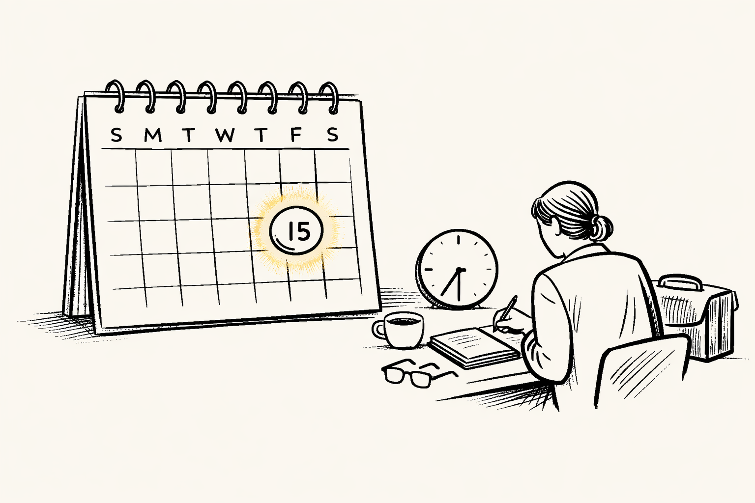 Illustration of a manager preparing for a 1:1 meeting, seated at a desk with notes and coffee beside a calendar highlighting an upcoming date, symbolizing thoughtful planning, organization, and dedicated time for employee conversations.
