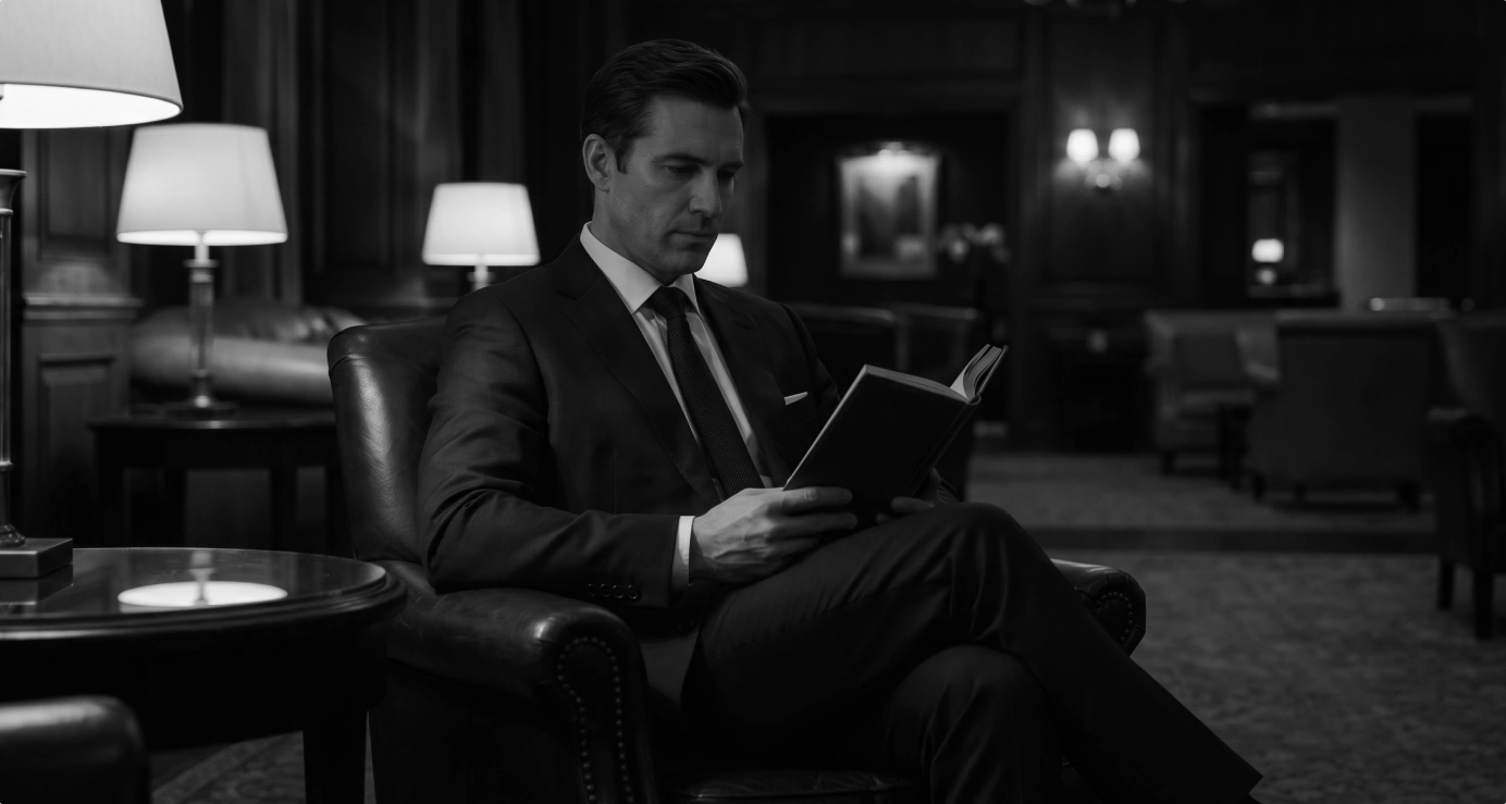 Black-and-white photo of a sophisticated man wearing a suit and tie sitting in a fancy chair and reading a book. 
