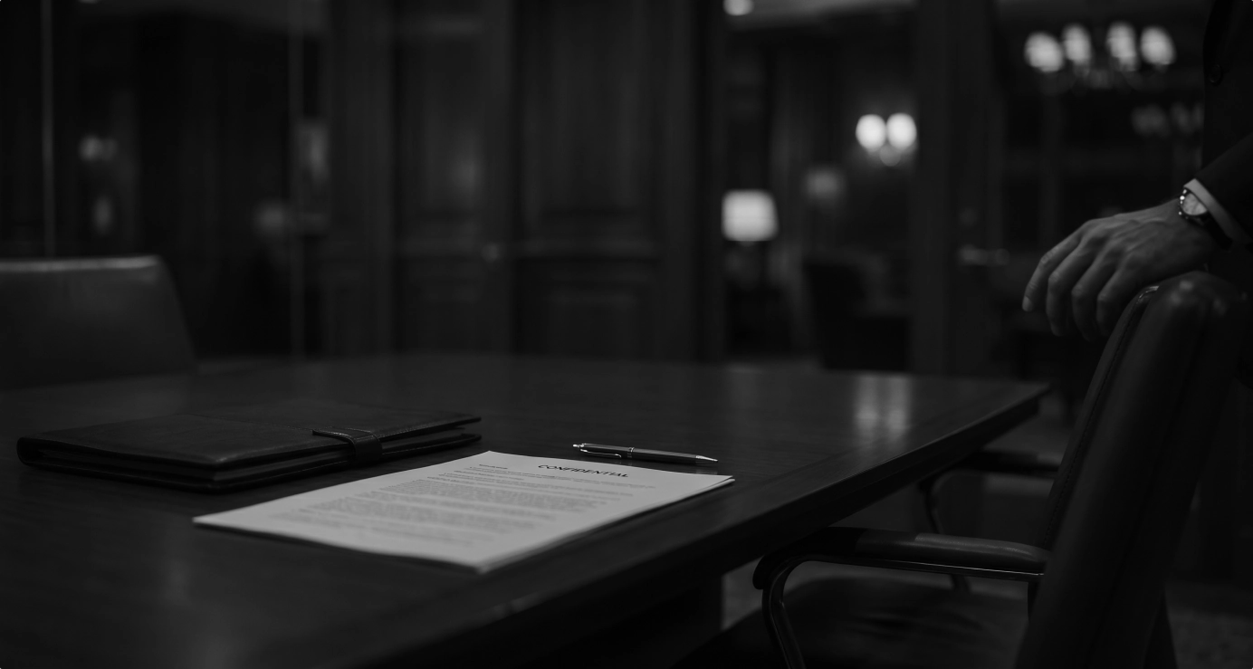 Black-and-white photo of a table with legal documents on it.
