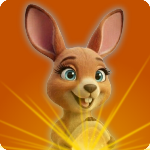 A 3D digital cartoon illustration of ROO, our smiling kangaroo, from the chest up against a warm orange-brown background representing its homeland continent of Australia. The kangaroo has large, friendly light blue eyes and an open smile displaying two white buck teeth. It is using its paws to hold open its pouch, which emits a magical, soft glowing light.
