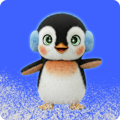 A 3D digital cartoon illustration of PEN, our smiling baby emperor penguin standing in a pile of snow, set against an icey blue background representing its homeland continent of Antarctica. The penguin has sparkling light green eyes, orange rosy freckled cheeks, and a patch of orange around its neck speckled with freckles. It is wearing cozy, bright blue earmuffs.