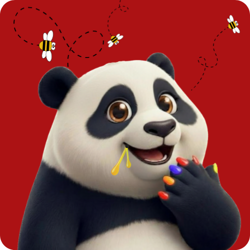 A 3D digital cartoon illustration from  the chest up of BEAR, our smiling young black and white giant panda. The radient red background represents its homeland continent of Asia. BEAR has large, expressive anime-style brown eyes, friendly black eyebrows, and an open, cheerful smile with honey dripping out the side. Three friendly bees hover around the panda's head. BEAR is holding up one paw, proudly displaying six distinctive claws painted in bright, alternating neon colors.
