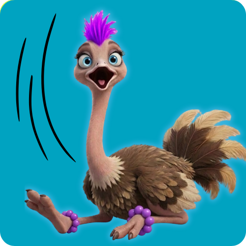 A 3D digital cartoon illustration of a brown and tan African ostrich, OS, comfortably sitting and smiling, set against a timeless turquoise background representing its homeland of Africa. The ostrich has large, mischievous light blue eyes, an open beak, and a strip of bright neon purple mohawk hair running down the center of its head. On each ankle, it wears a bright purple beaded anklet.