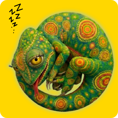A 3D digital cartoon illustration of IZ, our lazy lizard, curled into a tight circle awakening from sleep. The image is set against a sunny yellow background representing its homeland continent of South America. The lizard has greenish-yellow scales covered in an intricate pattern of alternating red and yellow circles. It has large, expressive yellow eyes, a red forked tongue sticking out.