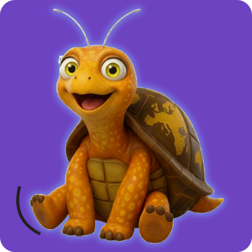 A 3D digital cartoon illustration of TUT, our brown and yellow golden pond turtle, set against a poetic purple background representing its homeland continent of Europe. The turtle is shown standing in a three-quarters side view, with its yellow-scaled brown head outstretched, and eyes alert. The side of its shell is exposed, clearly displaying a map of Europe across its surface.