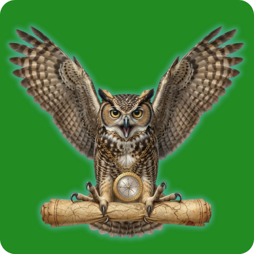 A 3D digital realistic illustration of OWL, a brown owl captured mid-air in a dynamic landing pose, set against an earthy green background representing its homeland of North America. The owl has wings braced for landing, large expressive yellow-green eyes, and an open beak. Grasped tightly in its talons is a rolled up ancient map of hidden treasures in far away places. A mystical compass swings dramatically from a gold chain attached to its body.