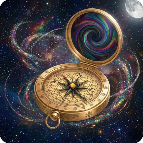 A 3D digital realistic illustration of an open gold compass centered against a vibrant outer space background filled with swirling milky galaxies, glowing stars, and shooting comets. The compass rests over a swirling rainbow ribbon. Its interior displays complex mathematical symbols, sacred geometry, and mystical etchings. The center displays standard cardinal directions (N, S, E, W) and a delicate arrow with a bright red tip floats in the middle. Inside the flipped-open lid of the compass, a dark rainbow swirl is visible.