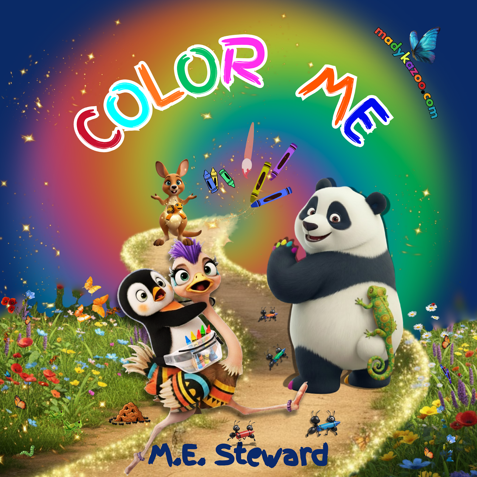 The title, Color Me, an activity book by M.E. Steward has a dark blue background with an image of a sparkling path. In the foreground, a running ostrich with a bright purple mohawk hair cut carries a freckle-faced penguin on its back. In front of the ostrich is a panda bear with brightly colored claws with a colorful lizard hanging on its back. Further down the path is a turtle with an imprint of Europe on its shell, and a kangaroo chasing crayons down the path into the center of a circular rainbow. Scattered throughout are flowers, gold stars, butterflies.