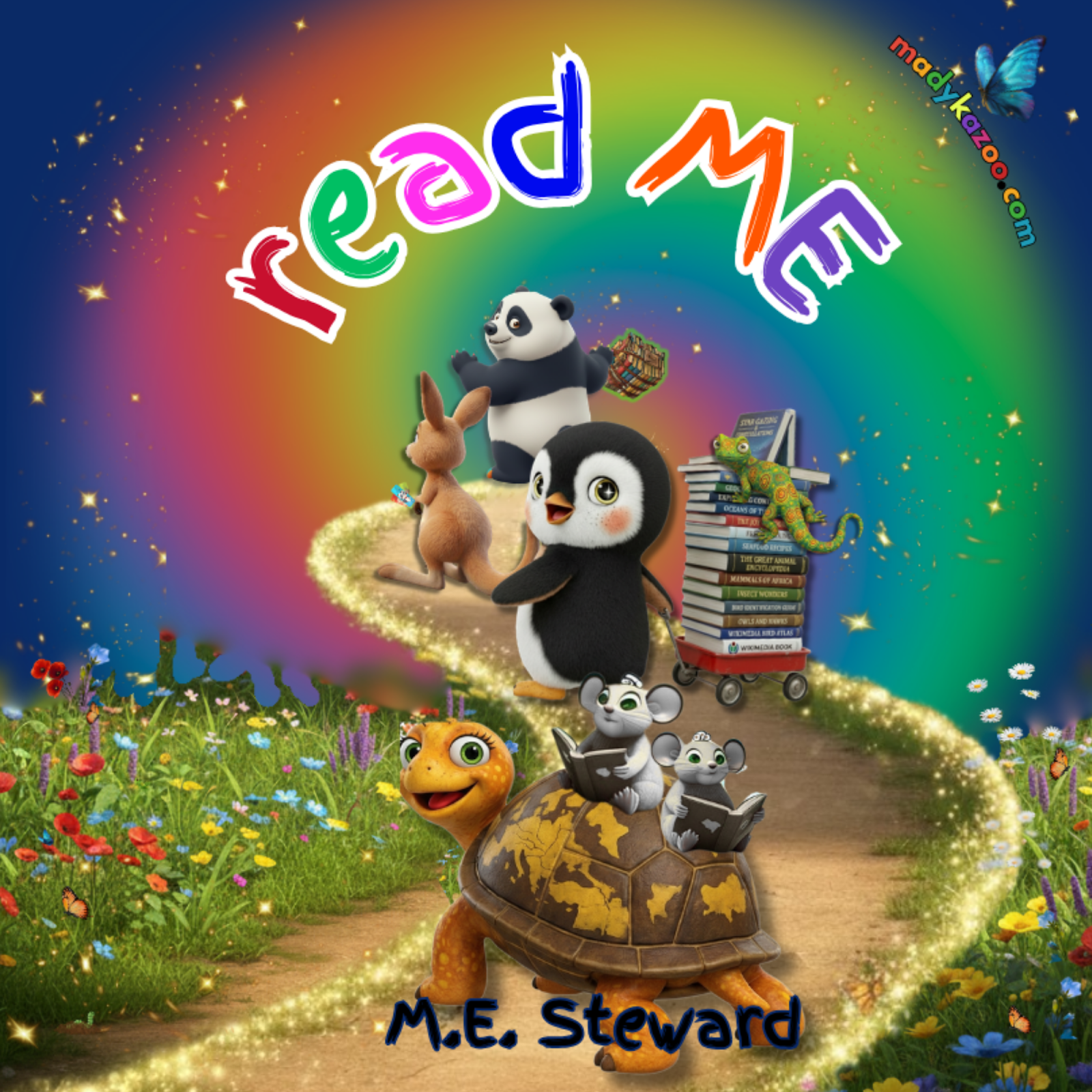 The title, Read Me, a book journal, by M.E. Steward shows an image of a sparkling path on which an owl stands facing the reader. It has a red graduation cap with blue tassel, has books under one wing and a gold compass hanging from a chain around its body. On the path a turtle whose shell has the imprint of the continent of Europe, carries two mice reading books. Behind the turtle is a penguin pulling a red wagon piled high with books. a Lizard rides on top the pile of books. A kangaroo is in front of the penguin with its back to the audience. In front of the kangaroo is a panda bear swinging a bundle of books. Scattered throughout are flowers, gold stars, and butterflies.