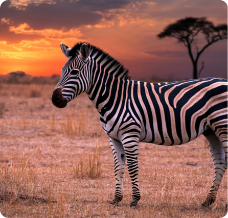 A lone stripped zebra standing on the dusty plains, an orange sunset and a baboa tree in the background.