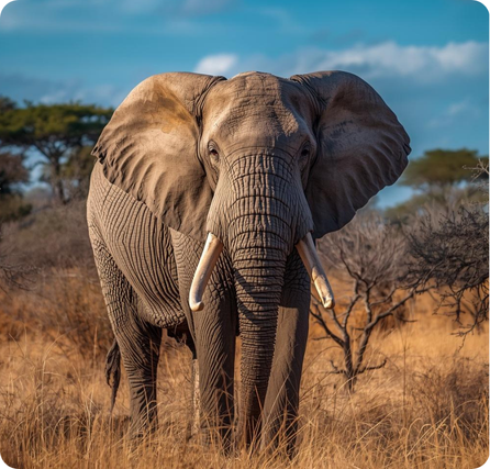 A majestic gray elephant with large ears, long trunk, and two ivory tusks standing in savana field with trees and blue sky in the background.