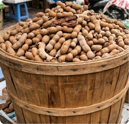 Brown tamarind pods with textured curved shells