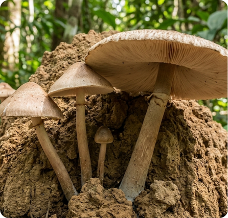 Large white termitomyces mushroom with a tall stem and wide cap