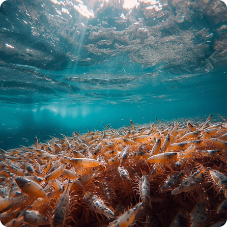 Antarctic krill shown as small pink shrimp‑like creatures in a dense swarm