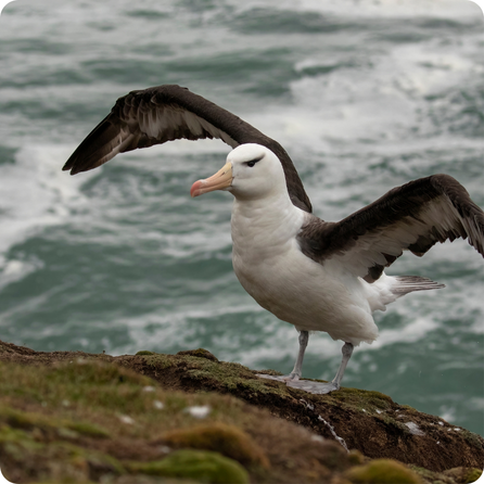 Albatross flying over icy ocean water with wide wings spread