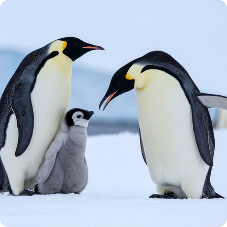 Emperor penguin standing upright on ice with snowy landscape behind it