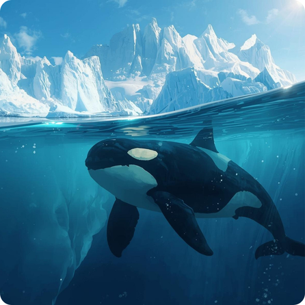 Orca swimming in Antarctic waters with black‑and‑white markings