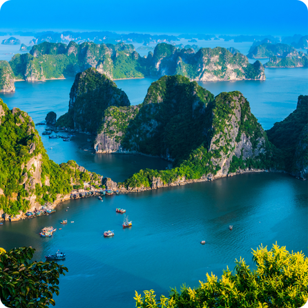 Halong Bay with emerald water and steep limestone islands