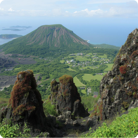 Jeju volcanic island coastline with dark lava rock and ocean waves